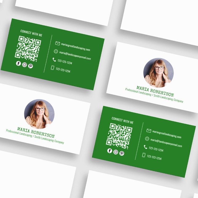 Modern Green QR Code Social Media Photo Business Card (Simple and minimalist green and white business card. )