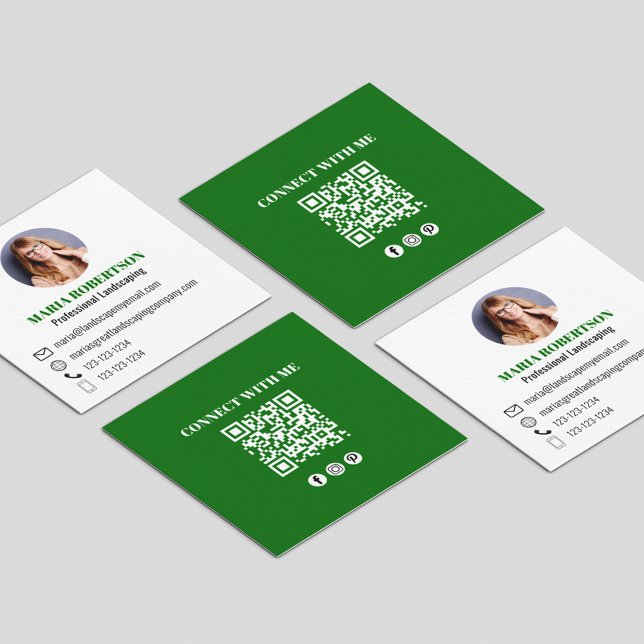 Modern Green QR Code Social Media Photo Square Business Card (Minimalist modern simple square green business card.)