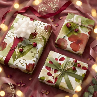 Modern Green Red Botanical Floral Watercolor Wrapping Paper Sheets