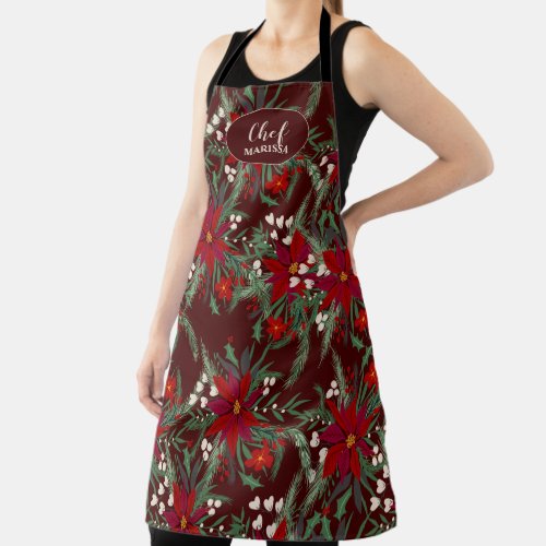 modern green red Christmas poinsettia floral Chef Apron