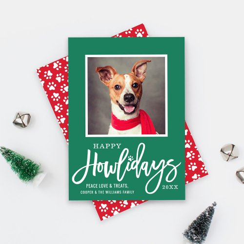 Modern Green Red Happy Howlidays Puppy Dog Photo Holiday Card