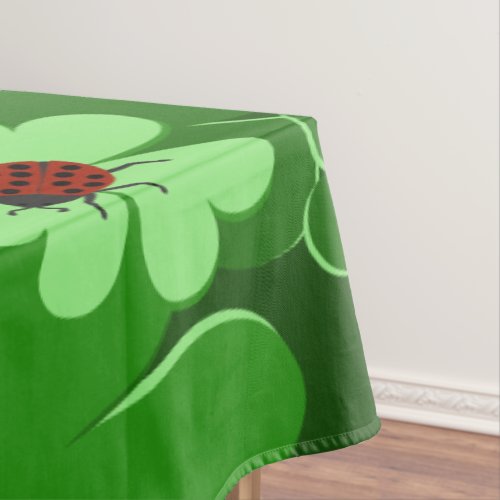 Modern Green Red Ladybug Insect Clover Leaves Tablecloth