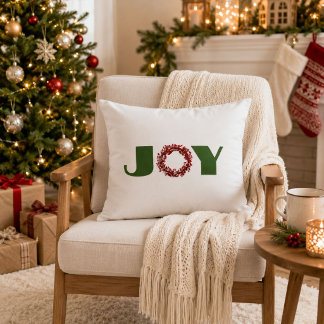 Modern Green & Red Minimalist Joy Christmas Wreath Accent Pillow