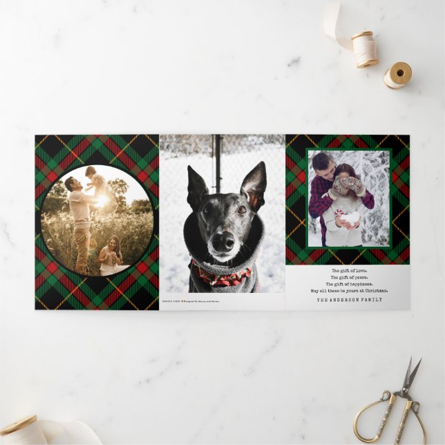 Modern Green Red Plaid Eight Photo  Tri-Fold Holiday Card (Outside)