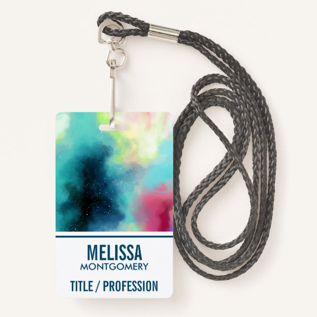 Modern Green & Red Space Nebula Watercolor Badge (Front with Lanyard)