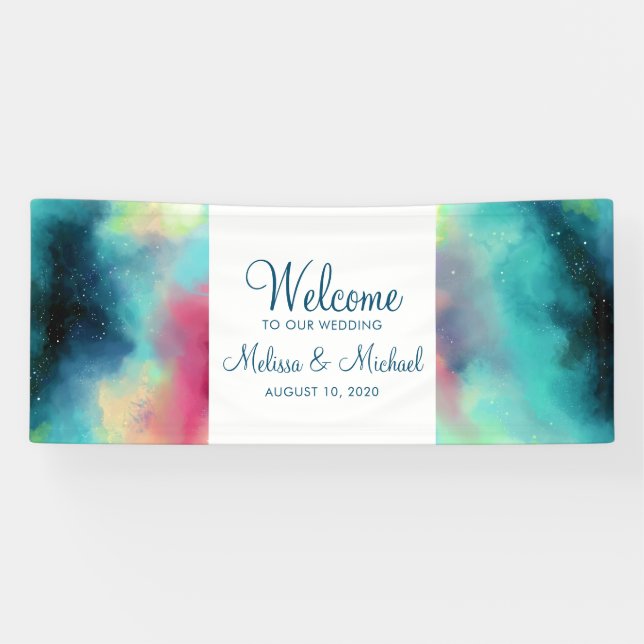 Modern Green & Red Space Nebula Watercolor Banner (Horizontal)
