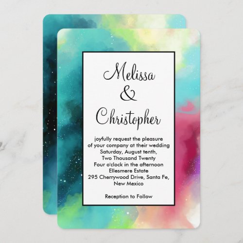 Modern Green  Red Space Nebula Watercolor Invitation