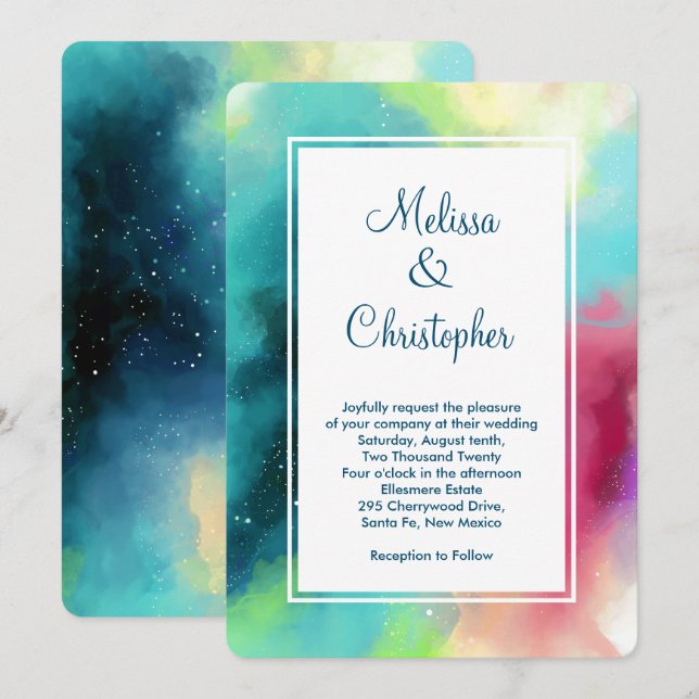 Modern Green & Red Space Nebula Watercolor Invitation (Front/Back)