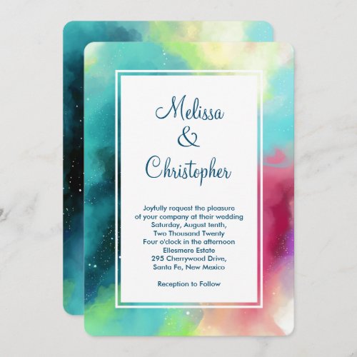 Modern Green  Red Space Nebula Watercolor Invitation