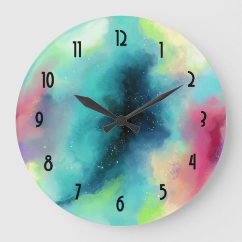 Modern Green  Red Space Nebula Watercolor Large Clock