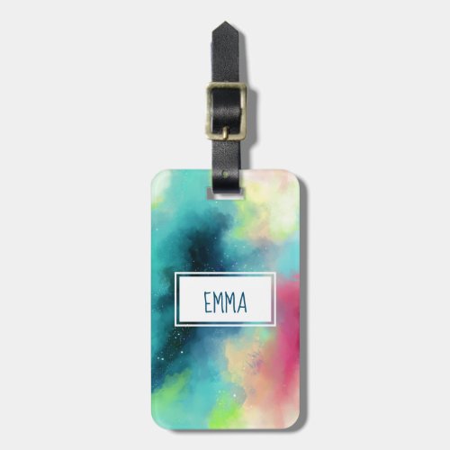 Modern Green  Red Space Nebula Watercolor Luggage Tag