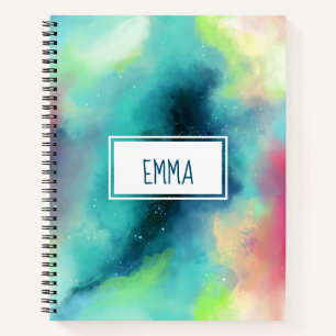Modern Green & Red Space Nebula Watercolor Notebook