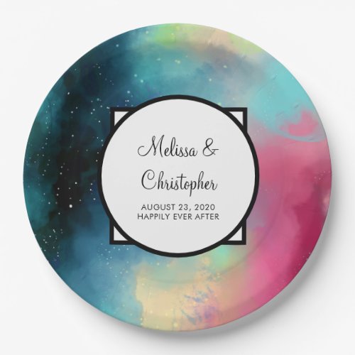 Modern Green  Red Space Nebula Watercolor Paper Plates