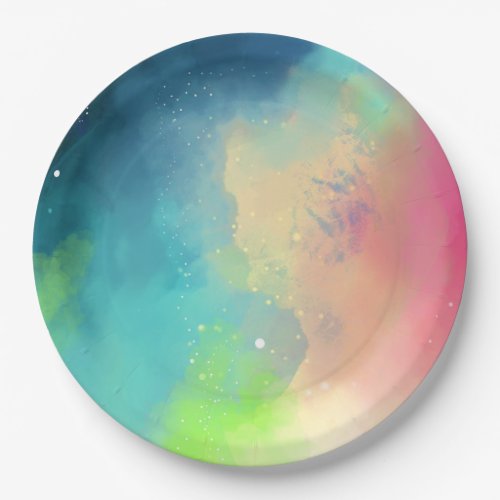 Modern Green  Red Space Nebula Watercolor Paper Plates