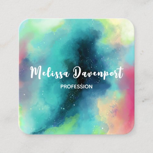 Modern Green  Red Space Nebula Watercolor Square Business Card