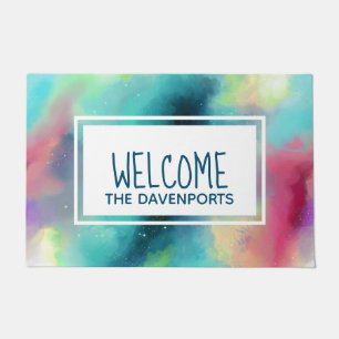 Modern Green & Red Space Nebula Watercolor Welcome Doormat