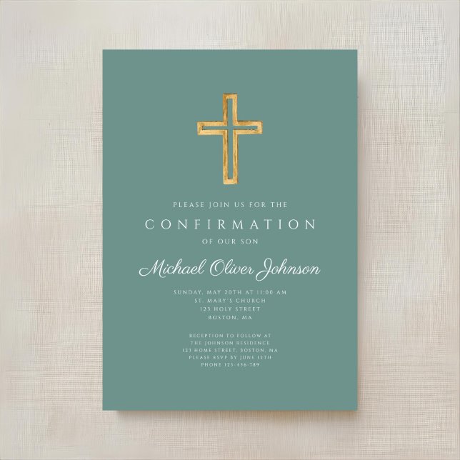 Modern Green Religious Cross Boy Confirmation Invitation (Modern Green Religious Cross Boy Confirmation Invitation)