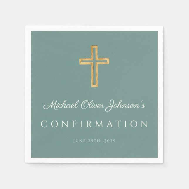 Modern Green Religious Cross Boy Confirmation Napkins (Front)