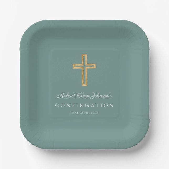 Modern Green Religious Cross Boy Confirmation Paper Plates (Front)