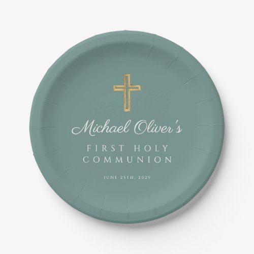 Modern Green Religious Cross First Communion Paper Plates