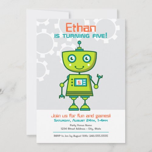 Modern Green Robot Boys Birthday Party Invitation