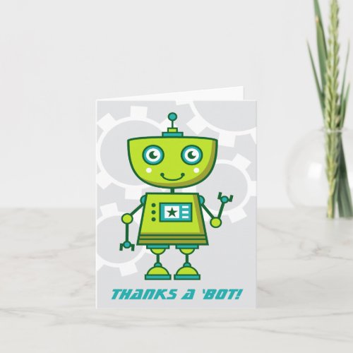 Modern Green Robot Boys Birthday Party Thank You Card