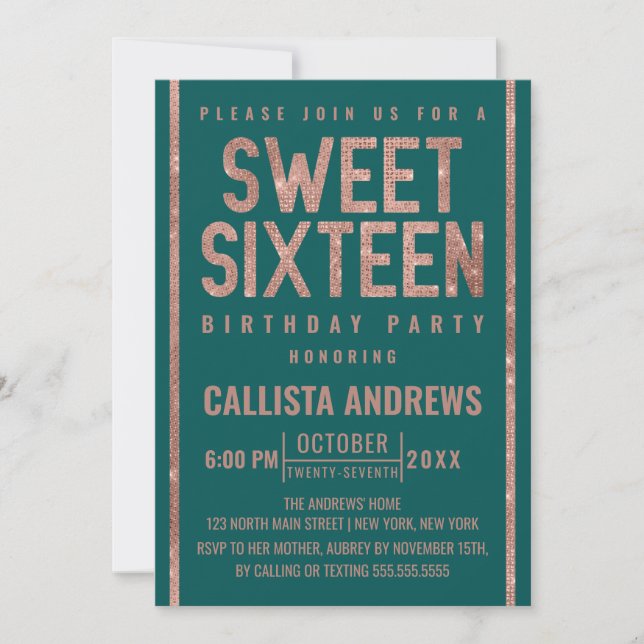 Modern Green Rose Gold Glitter Frame Sweet 16 Invitation (Front)