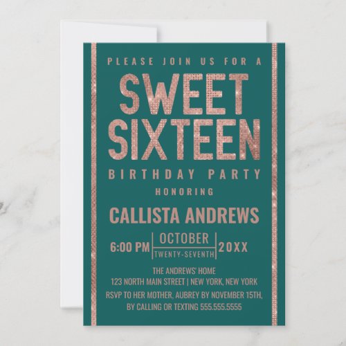 Modern Green Rose Gold Glitter Frame Sweet 16 Invitation