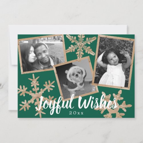 Modern Green Rustic Snowflake 3 Photo Christmas Holiday Card