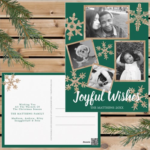 Modern Green Rustic Snowflake 4 Photo Christmas Postcard