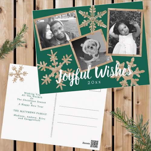 Modern Green Rustic Snowflake Collage 3 Photo Postcard