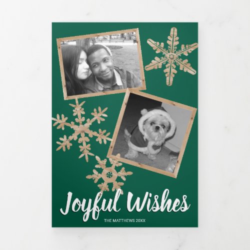 Modern Green Rustic Snowflake Collage 5 Photo Tri_Fold Holiday Card