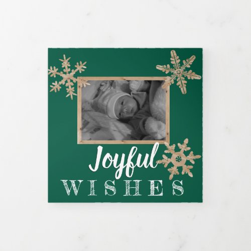 Modern Green Rustic Snowflake Festive 3 Photo Tri_Fold Holiday Card