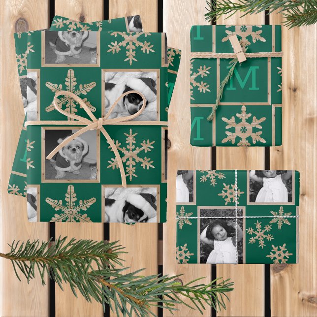 Modern Green Rustic Snowflake Monogram Photo Wrapping Paper Sheets (Creator Uploaded)