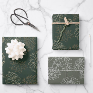 Modern green sage chamomile floral wrapping paper sheets