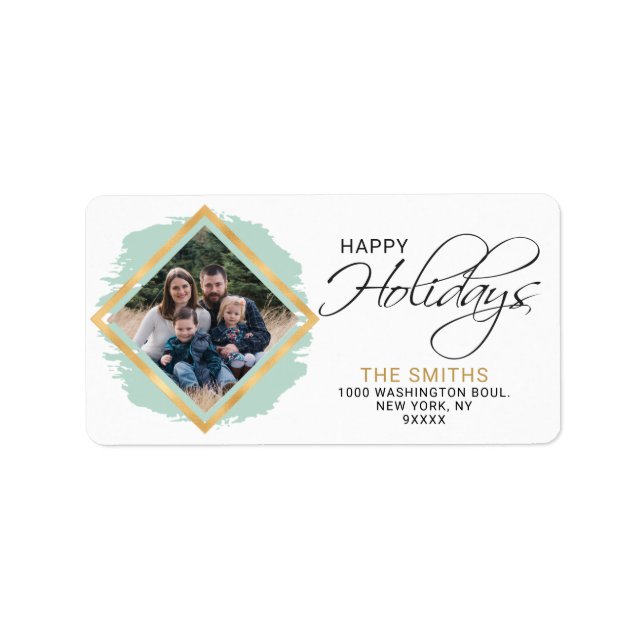 Modern Green Sage Gold Foil Happy Holidays PHOTO Label (Front)