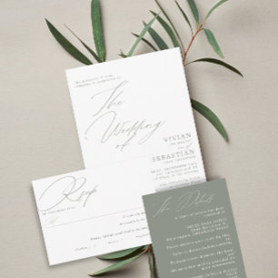 Modern Green Sage White Wedding  Invitation