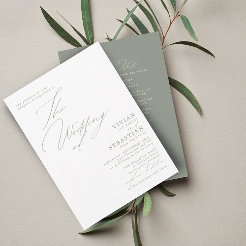 Modern Green Sage White Wedding RSVP QR Code Invit Invitation