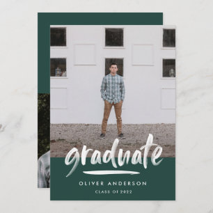 Modern green script 3 photo stylish graduation invitation