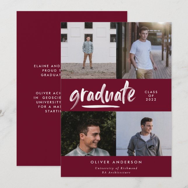 Modern green script 4 photo burgundy graduation invitation (Front/Back)