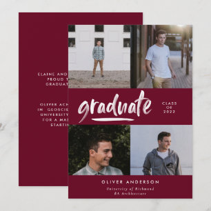 Modern green script 4 photo burgundy graduation invitation
