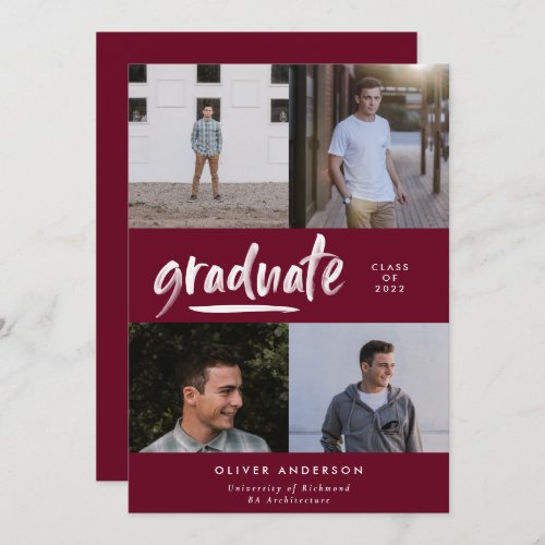 Modern green script 4 photo burgundy graduation invitation