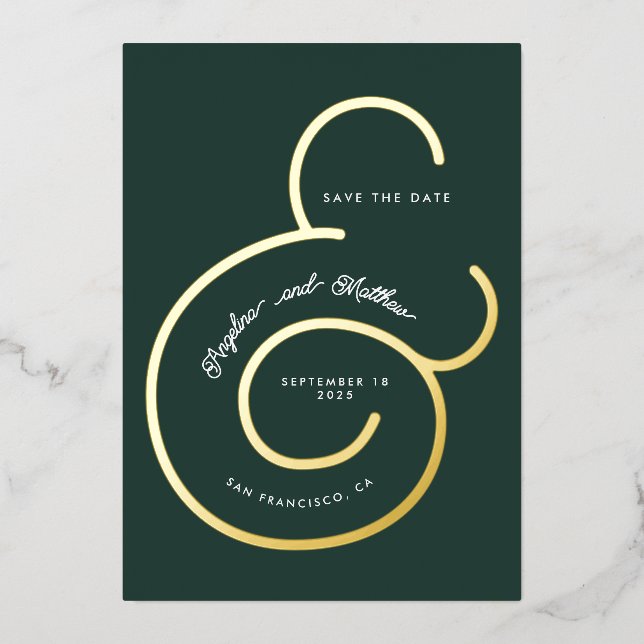 Modern Green Script Ampersand Wedding Save Date Foil Invitation (Front)