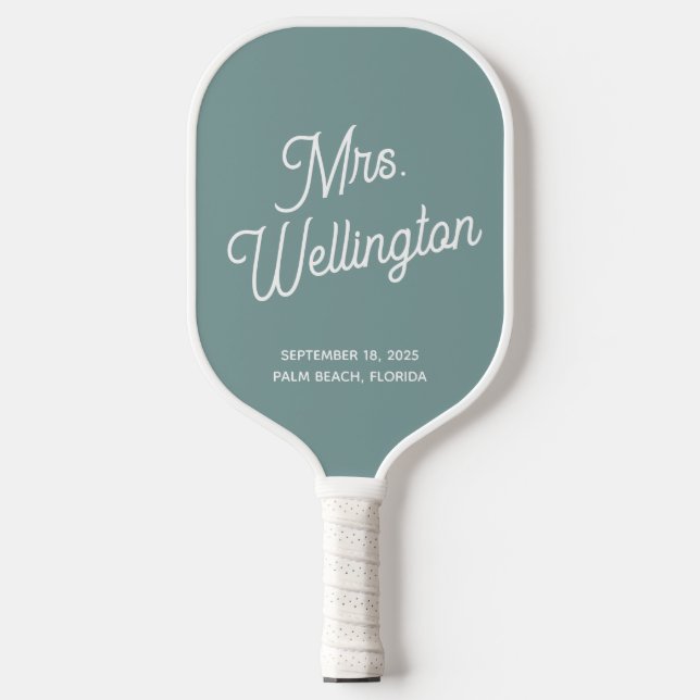 Modern Green Script Bride Wedding Pickleball Paddle (Front)