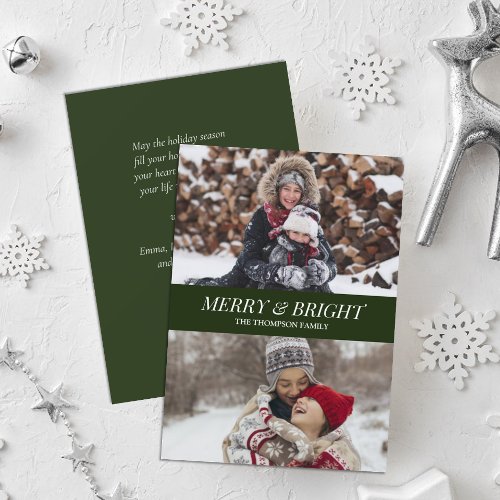 Modern Green Script Merry Bright Christmas Photo Holiday Card