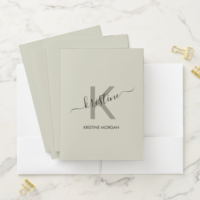 Modern green script monogram name pocket folder (In Situ)
