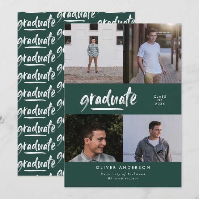 Modern Green Script multi Photo Grad Announcement  (Front/Back)
