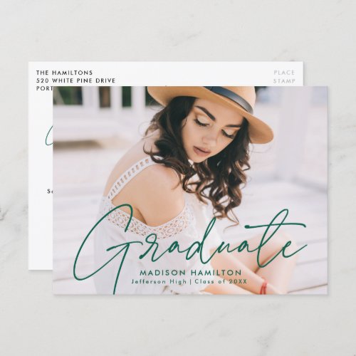 Modern Green Script Photo Graduation Party Invitation Postcard