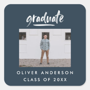 Modern green script photo navy blue graduation rec square sticker