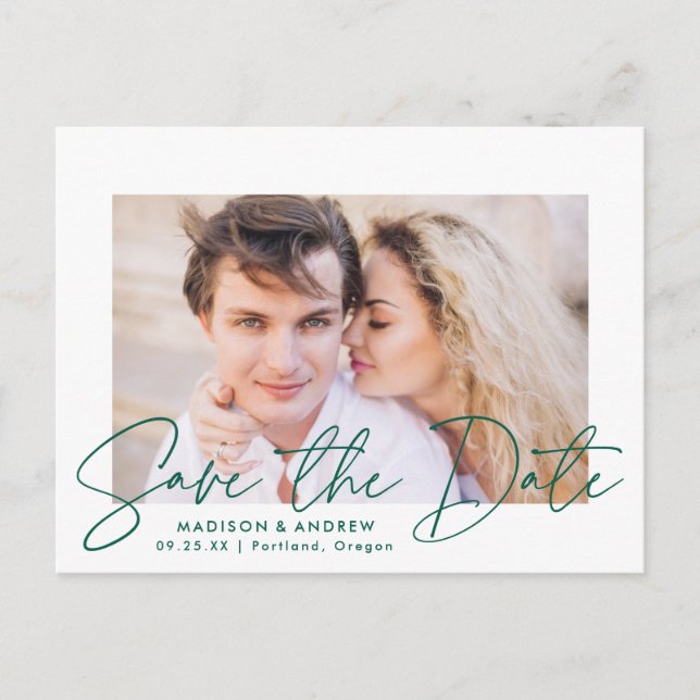 Modern Green Script Photo Save the Date Announcement Postcard (Front)
